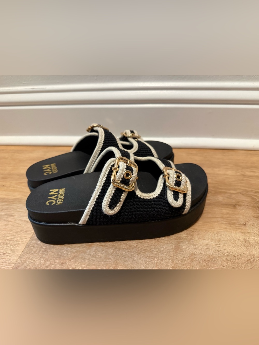 Madden Girl Black & Cream Platform Buckle Slide Mules